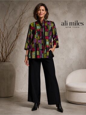 ALI MILES Geometric Stained Glass Art Wear Jacket Top Sz M